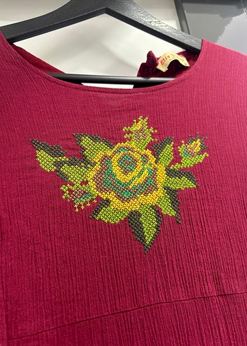 Bordo Nakışlı Uzun Bohem Kadın Elbise - Görsel 4