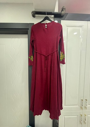 Bordo Nakışlı Uzun Bohem Kadın Elbise - Görsel 8
