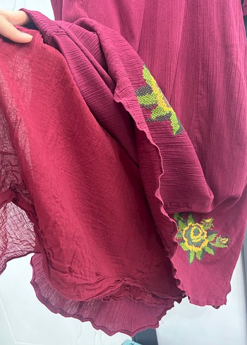 Bordo Nakışlı Uzun Bohem Kadın Elbise - Görsel 6