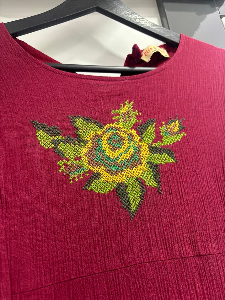 Bordo Nakışlı Uzun Bohem Kadın Elbise - Görsel 4