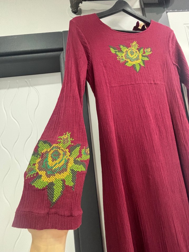 Bordo Nakışlı Uzun Bohem Kadın Elbise - Görsel 2