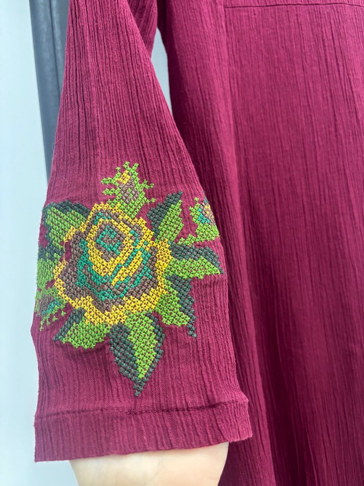 Bordo Nakışlı Uzun Bohem Kadın Elbise - Görsel 3