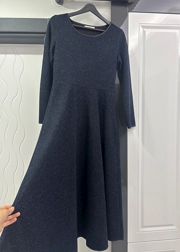 Uzun Kollu Lacivert Siyah Kadın Kışlık Elbise - Görsel 8