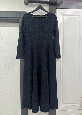 Uzun Kollu Lacivert Siyah Kadın Kışlık Elbise - Görsel 7