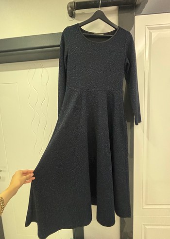 Uzun Kollu Lacivert Siyah Kadın Kışlık Elbise - Görsel 3