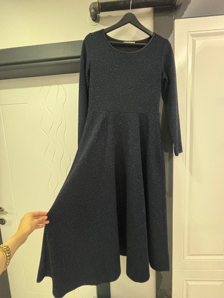 Uzun Kollu Lacivert Siyah Kadın Kışlık Elbise - Görsel 3