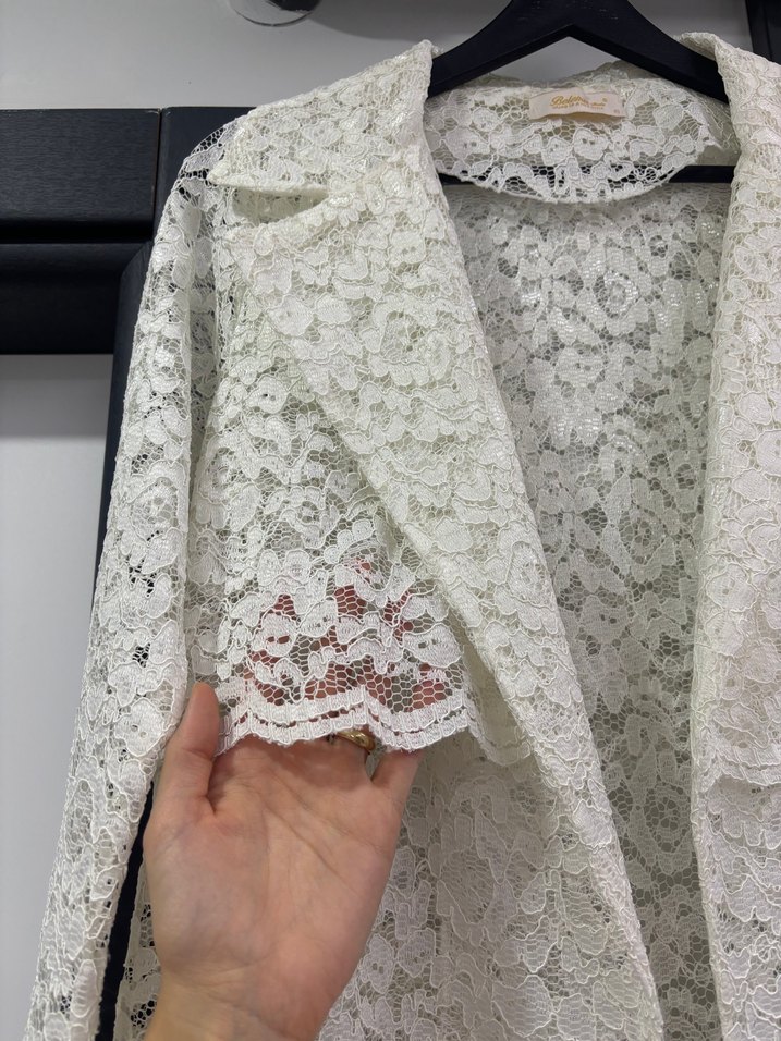 Uzun Kırık Beyaz Fransız Danteli Trençkot - Görsel 5