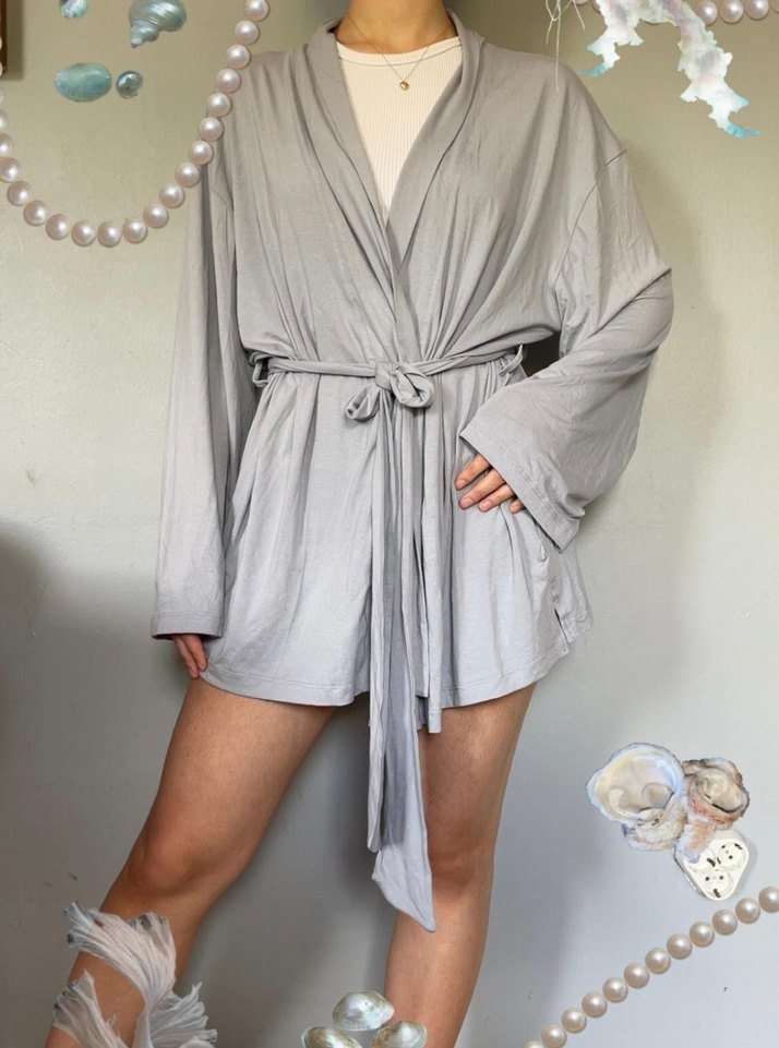 Gri Midi Boy Kadın Kimono Elbise - Görsel 2