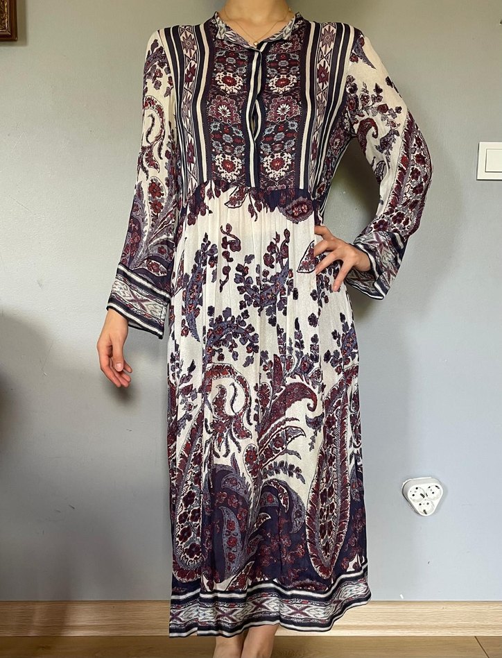 Uzun Kollu Bohem Desenli Uzun Elbise - Görsel 2