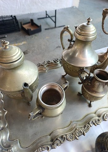 Diğer Pirinç üstü Gümüş Antika Metal Çaydanlık Seti ve Tepsi. Damgalı