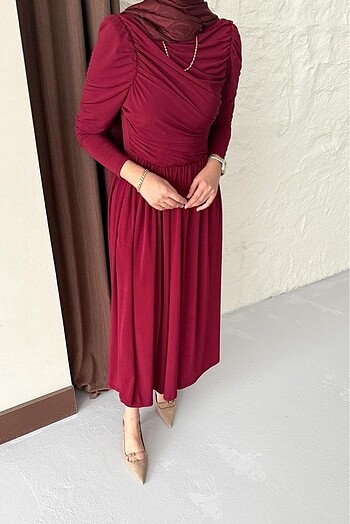 xl Beden Drapeli Sandy Elbise Bordo