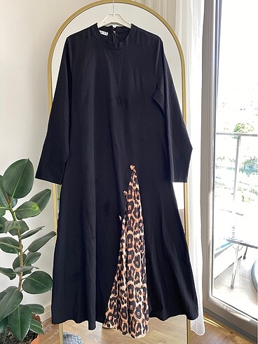 xl Beden Siyah leopar desenli uzun elbise