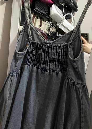 Gri Düğmeli Askılı Hamile Kot Elbise - Görsel 4