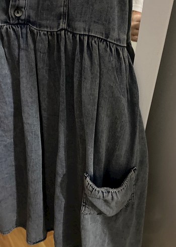 Gri Düğmeli Askılı Hamile Kot Elbise - Görsel 3