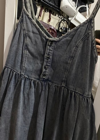 Gri Düğmeli Askılı Hamile Kot Elbise - Görsel 2