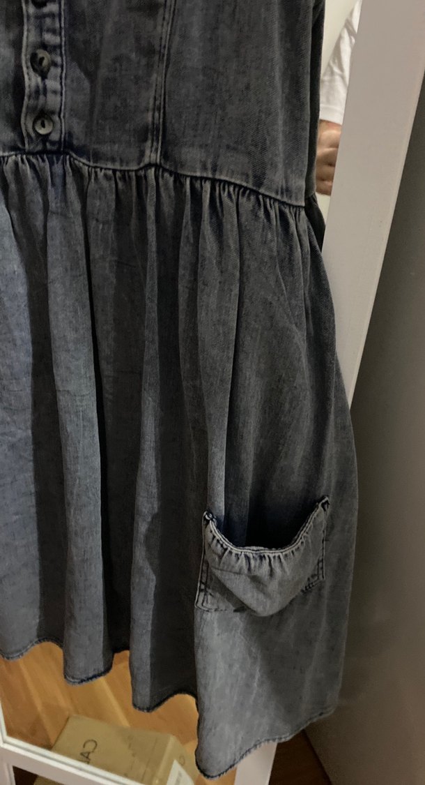 Gri Düğmeli Askılı Hamile Kot Elbise - Görsel 3