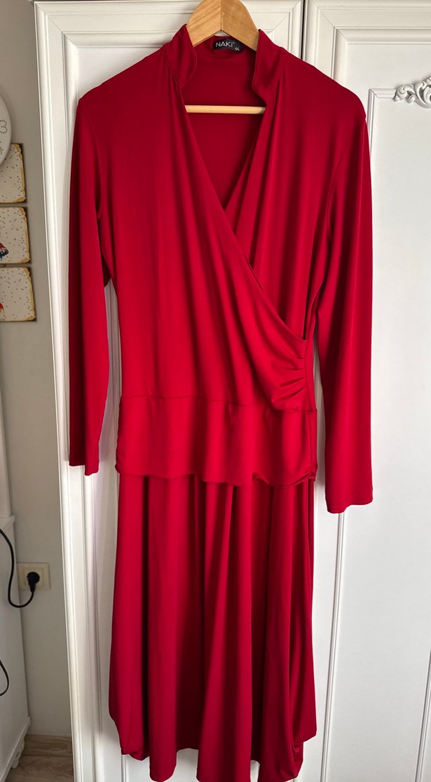 Naki 44  Kırmızı V Yaka elbise - Görsel 2