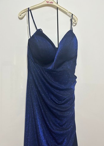 Parlak Lacivert Uzun V Yaka Abiye Elbise - Görsel 4