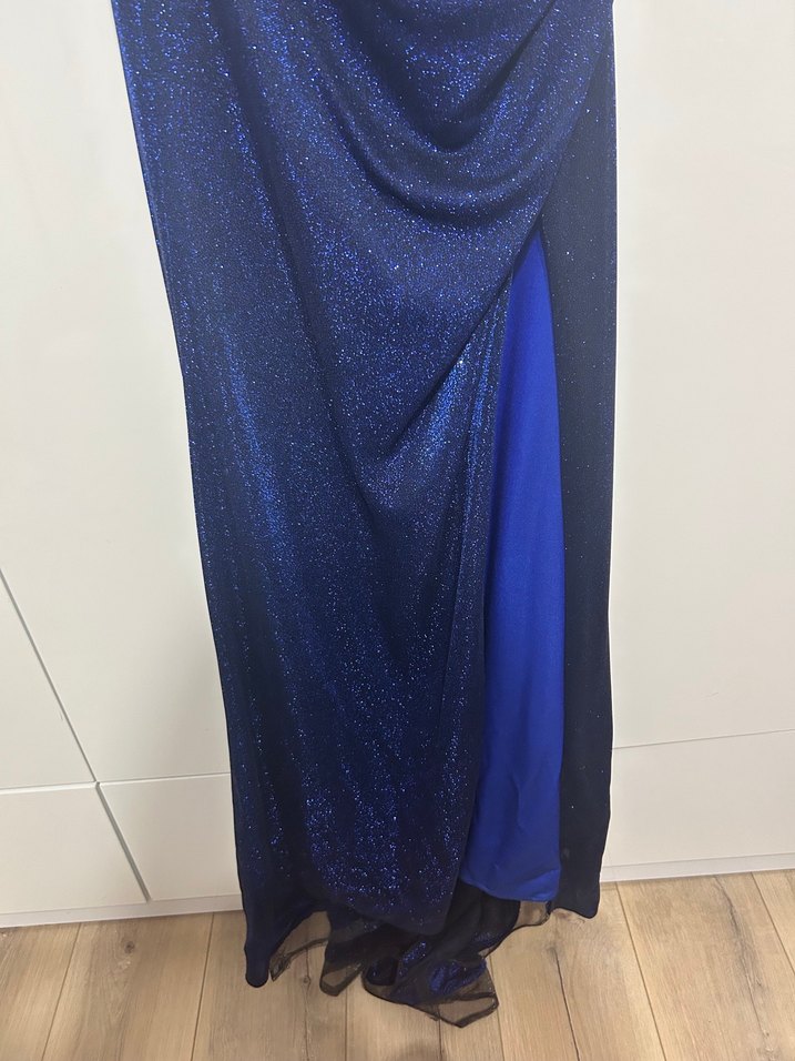 Parlak Lacivert Uzun V Yaka Abiye Elbise - Görsel 5