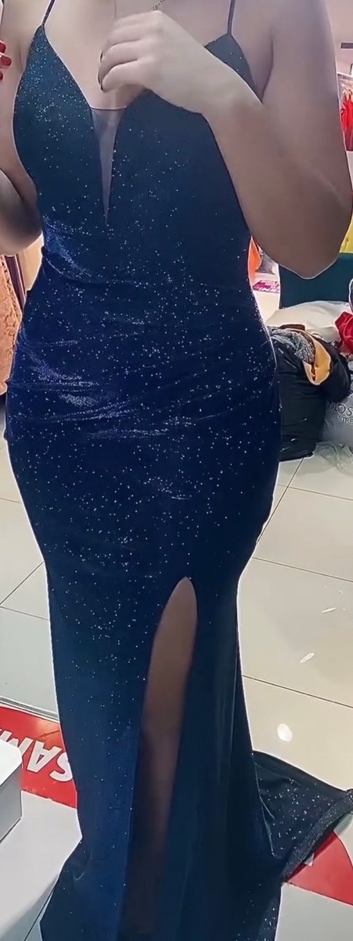 Parlak Lacivert Uzun V Yaka Abiye Elbise - Görsel 2