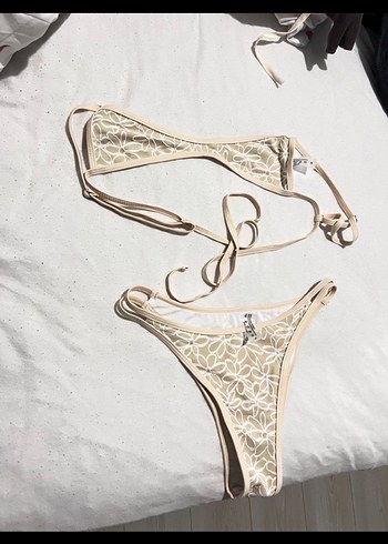 İnce Askılı Nakışlı Mini Bej Bikini - Görsel 2