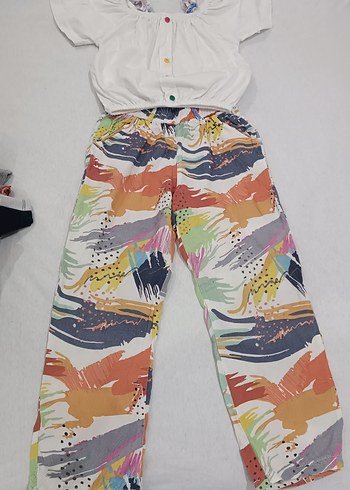 Renkli Bağlama Desenli Bol Kesim Kız Pantolon takim - Görsel 2