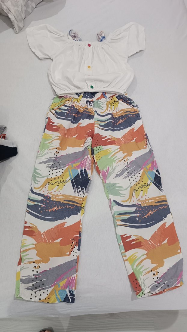 Renkli Bağlama Desenli Bol Kesim Kız Pantolon takim - Görsel 2