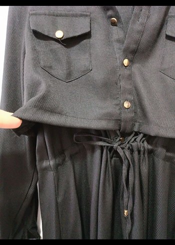 Siyah Uzun Keten Elbise Düğmeli - Görsel 6