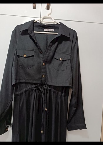 Siyah Uzun Keten Elbise Düğmeli - Görsel 4