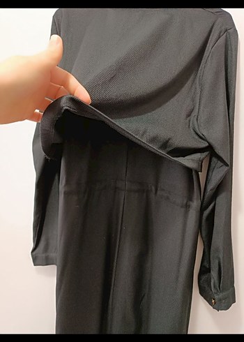 Siyah Uzun Keten Elbise Düğmeli - Görsel 7