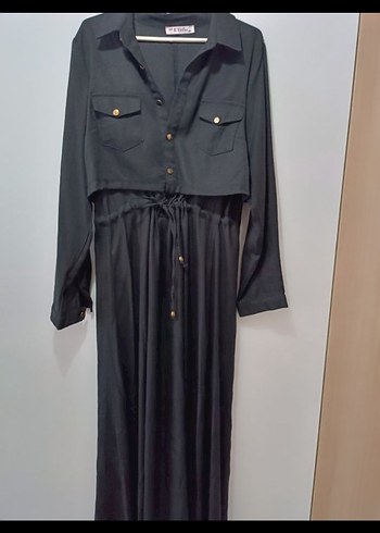 Siyah Uzun Keten Elbise Düğmeli - Görsel 3