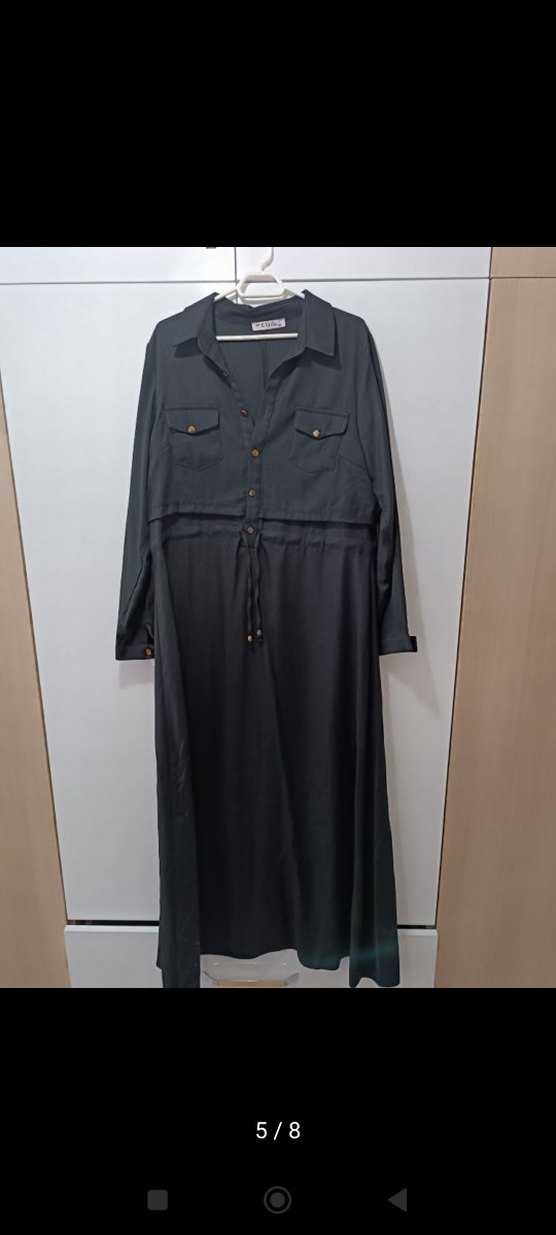 Siyah Uzun Keten Elbise Düğmeli - Görsel 5