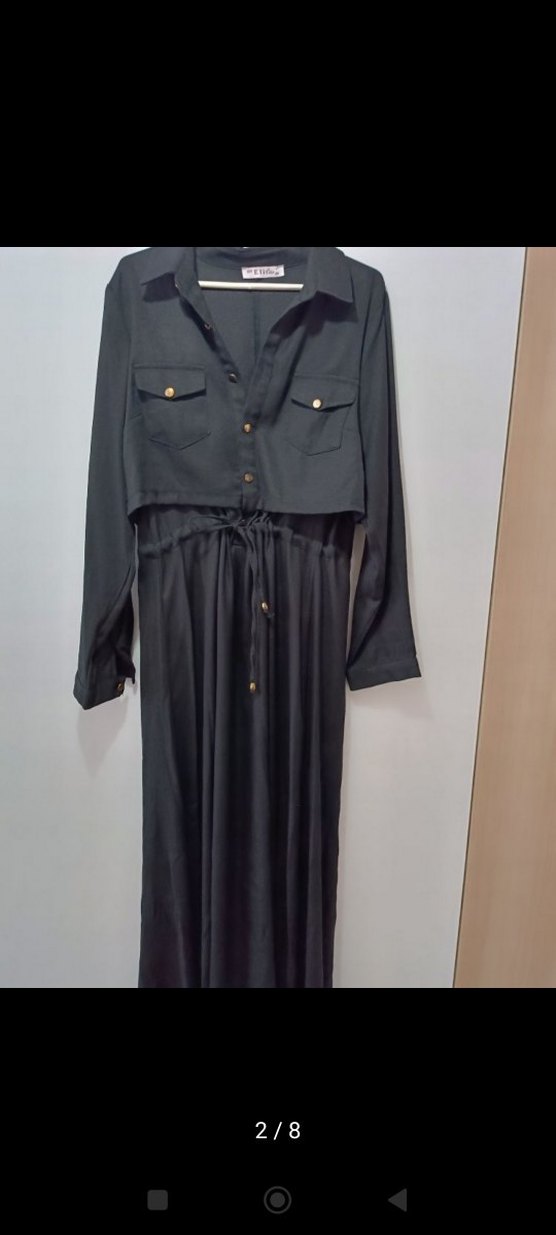 Siyah Uzun Keten Elbise Düğmeli - Görsel 3