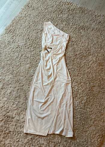 Beyaz Drapeli Uzun Askılı Abiye Elbise - Görsel 2