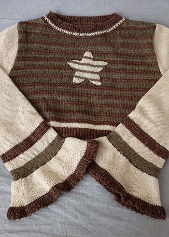 Yıldızlı Kahverengi Çizgili Örgü Crop Kazak fairycore y2k grunge - Görsel 3