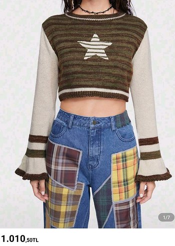 Yıldızlı Kahverengi Çizgili Örgü Crop Kazak fairycore y2k grunge - Görsel 4