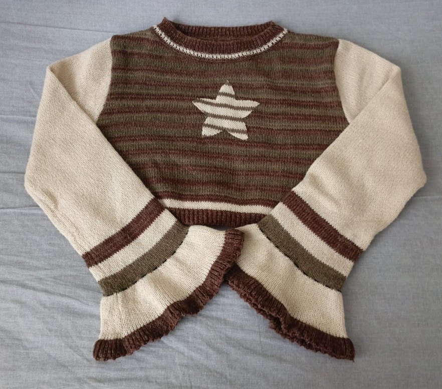 Yıldızlı Kahverengi Çizgili Örgü Crop Kazak fairycore y2k grunge - Görsel 3