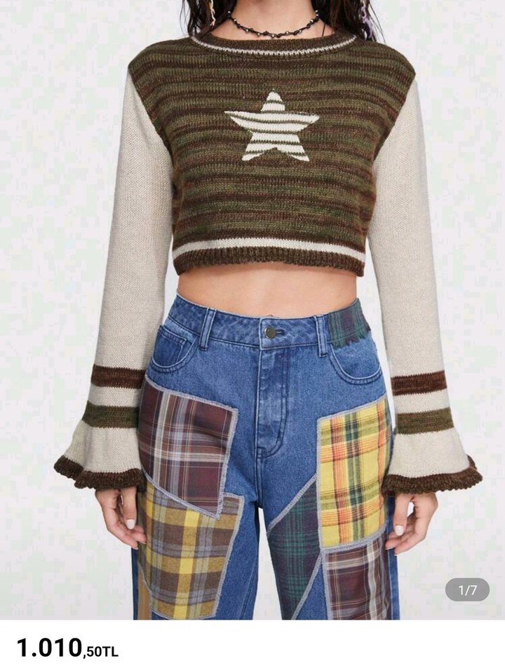 Yıldızlı Kahverengi Çizgili Örgü Crop Kazak fairycore y2k grunge - Görsel 4