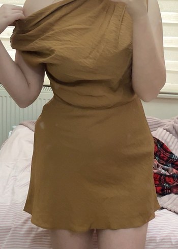 Mango Drapeli asimetrik camel elbise - Görsel 4