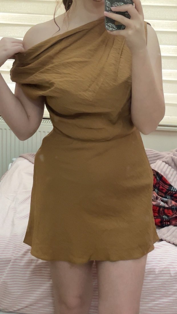 Mango Drapeli asimetrik camel elbise - Görsel 4