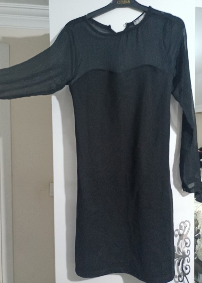 Kolları Tül Siyah Mini Elbise Hiç Kullanılmadı - Görsel 2