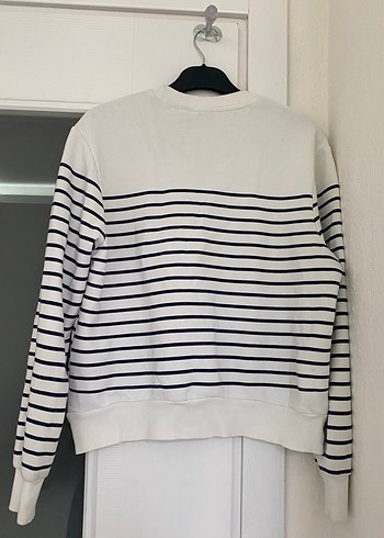 Düğmeli Çizgili Beyaz Kadın Sweatshirt - Görsel 2