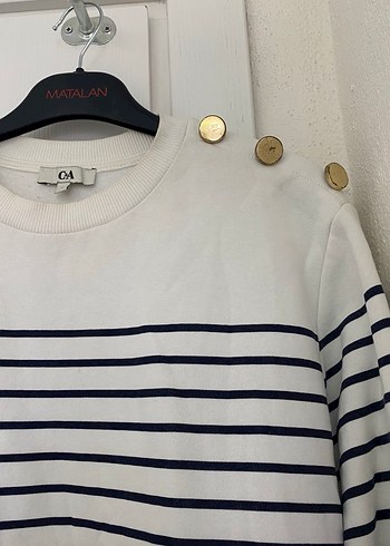 Düğmeli Çizgili Beyaz Kadın Sweatshirt - Görsel 5