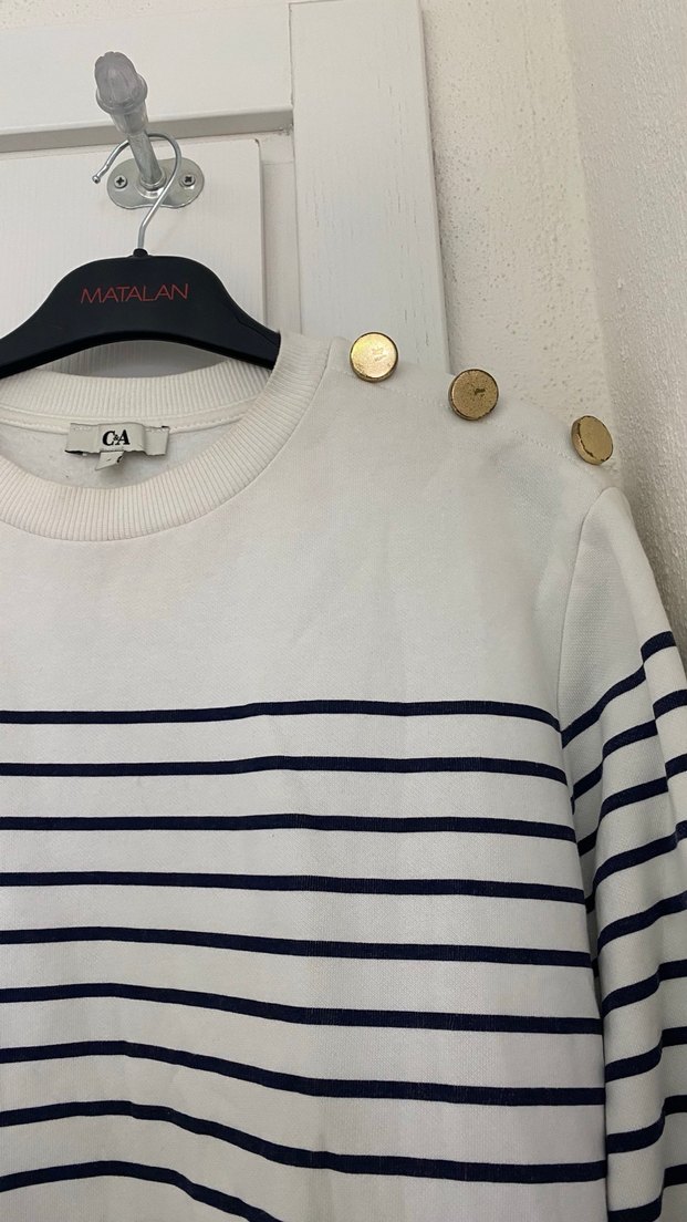 Düğmeli Çizgili Beyaz Kadın Sweatshirt - Görsel 5