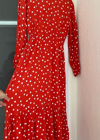 Kırmızı Puantiyeli Uzun Kollu Uzun Elbise - Görsel 5