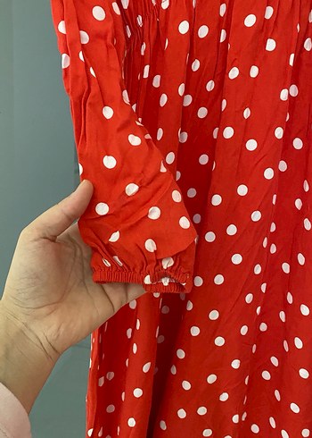Kırmızı Puantiyeli Uzun Kollu Uzun Elbise - Görsel 4
