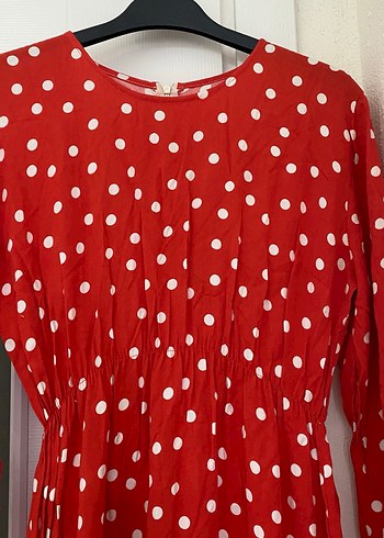 Kırmızı Puantiyeli Uzun Kollu Uzun Elbise - Görsel 3