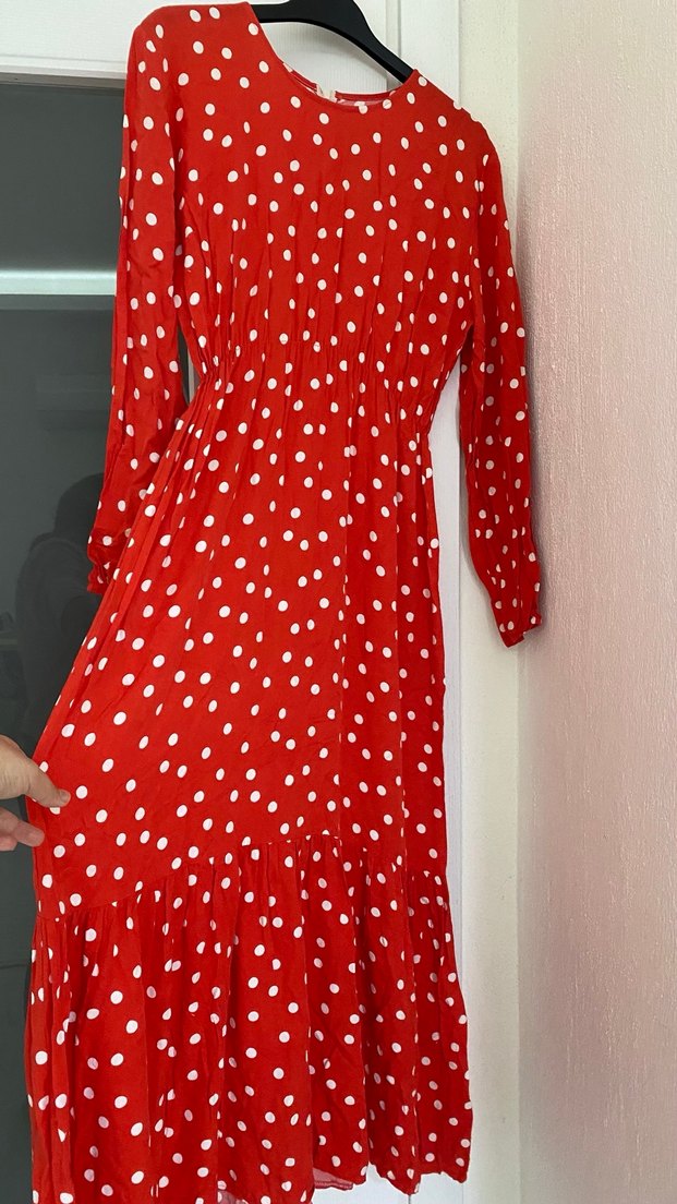Kırmızı Puantiyeli Uzun Kollu Uzun Elbise - Görsel 5