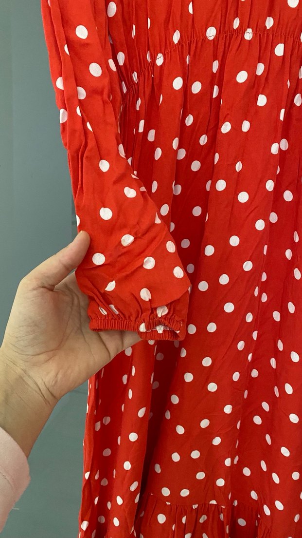 Kırmızı Puantiyeli Uzun Kollu Uzun Elbise - Görsel 4