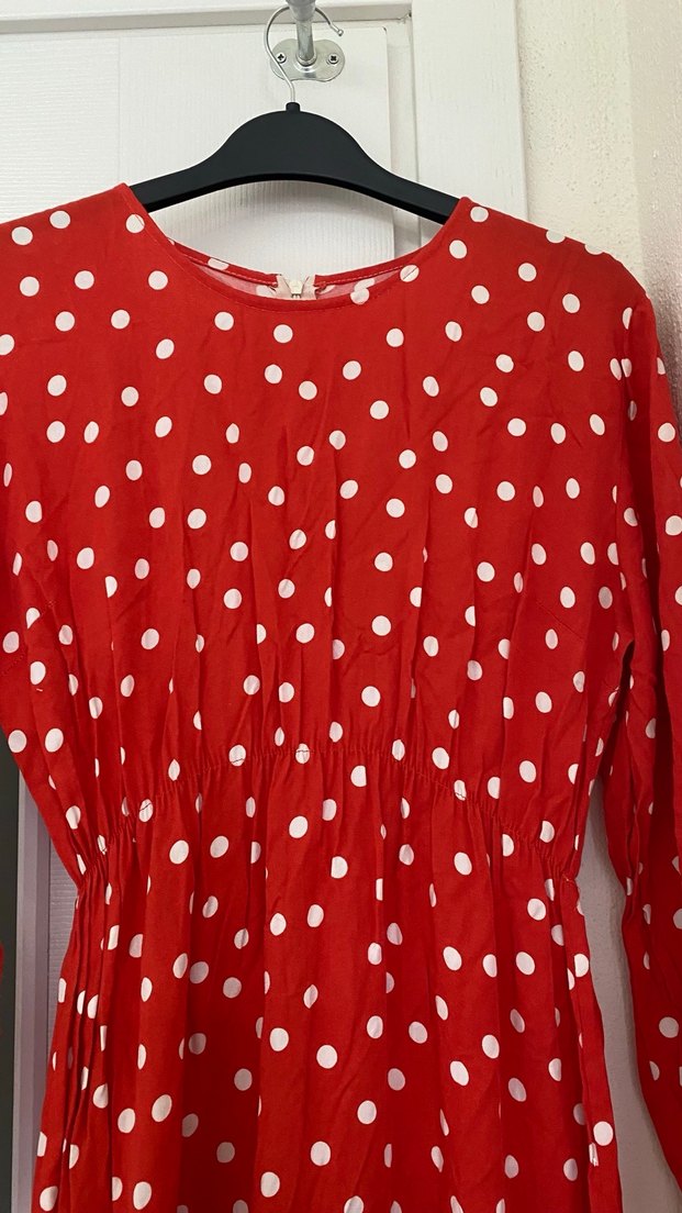 Kırmızı Puantiyeli Uzun Kollu Uzun Elbise - Görsel 3